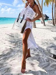 Women's Swimwear Summer Knitted Beach Cover Up Cover-ups Wear Sexy Backless Vestidos Hollow Out Robe Long Dress Slit 2023 Single Shoulder