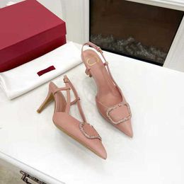 2024 Designer Sandals Women's Flat Heels 100% Genuine Leather 7cm High Heel Crystal Inlaid Designer Shoes Narrow Band Sandals Black White Pink 35-42