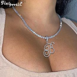 Pendant Necklaces Flatfoosie Fashion A-Z Cursive Letter Crystal Chain Necklace For Women Bling Iced Out Initial Pendant Necklace Hip Hop JewelryL231215