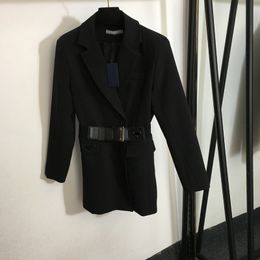 Black Lapel Neck Outerwear Female Casual Cardigan Coat Waist Belt Designer Jackets Trendy Elegant Charm Outerwear