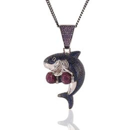 Iced Out Boxing Shark Pendant Necklace Fashion Mens Hip Hop Jewellery Gold Silver Cuban Chain Necklaces208K