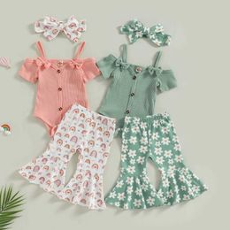 Clothing Sets FOCUSNORM 3pcs Infant Baby Girls Clothes Sets Solid Ribbed Off Shoulder Sling Romper Flower/Rainbow Print Flare Pants Headband