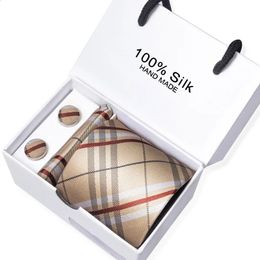 Neck Ties 100 Silk Brand Tie Handkerchief Cufflink Set For Men British Necktie Holiday Gift With Box Suit Accessories Wedding Gravatas 231214