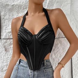 Women's Tanks Pleated Halter Crop Top Women Summer Fishbone Corset Tank Cropped Night Club Outfits Sleeveless Backless Bustier Camis Mujer