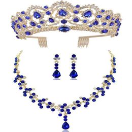 DIEZI New Red Green Blue Crown And Necklace Earring Jewelry Set Tiara Rhinestone Wedding Bridal Jewelry Sets Accessories247s