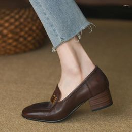 Dress Shoes Retro French Style Cowhide Women Pumps Thick Sqaure Heel Round Toe Loafers Slip On Spring Autum Vintage Metal Woman