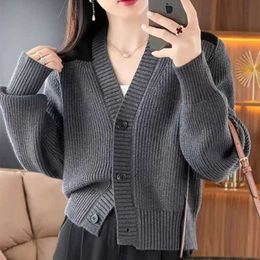 Fashionable Korean V-Neck Versatile Grey Women's Sweater Cardigan Jacket 2023 Loose Fitting Long Sleeved Colour Matching Knitted Top