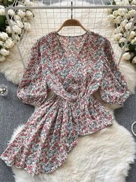 Women's Blouses Women Spring Blouse French Sweet Printing Romantic Floral Bubble Sleeves Irregular V-neck Design Stylish Shirt Top D5766