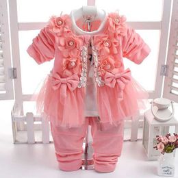 Clothing Sets Fashion Princess 3pcs Clothing Sets Flower Coat+T shirt+Pants Toddler Girl Cotton Suit Children Baby Kids Birthday Party Outfits