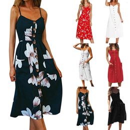 Casual Dresses Bohemian Floral Print Women's Dres Elegant Sleeveless V Neck Spaghetti Strap Shirt Dress Lady Beach Camisole Plus Size 4XL