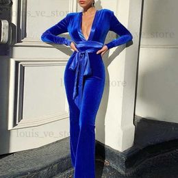 Women's Jumpsuits Rompers Solid Velvet Women Long Sleeve V Neck Wide Leg Jumpsuit Shoulder Pads Belt Streetwear Party Elegant 2021 Autumn Rompers T231215