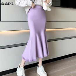 Skirts Skorts Elegant Knitted Long Skirts Women Autumn Winter High Waist Faldas Mujer Causal Korean Style Slim Purple Black Bodycon Skirt 231215