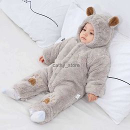 Rompers Newborn 2023 Winter Romper Bear Ear Fleece Baby Girl Boys New Born Warm Jumpsuit Overall Footies Infant Toddler Girl ClothesL231114