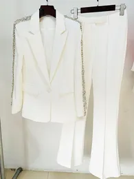 Women's Two Piece Pants 2023 Spring Elegant Women's Pantsuits High Quality Beading White Blazers Jackets Set C846