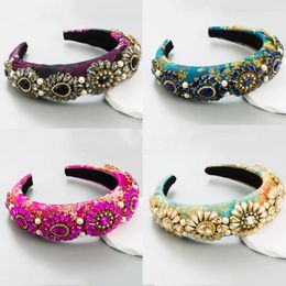 Retro Printed Sponge Hair Bands Non Slip Flower Rhinestone Headbands For Women Baroque Wide Party Catwalk Accessories