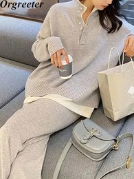 Womens Two Piece Pants Autumn and winter warm knitted mens suit womens long sleeved zipper and elastic waist wide leg pants womens sweater set 231214