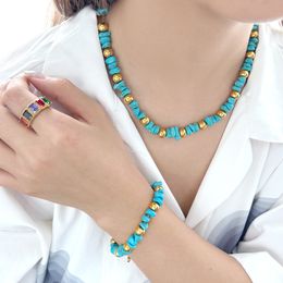 simple women's necklace set Amazon popular jewelry, rough turquoise necklace, bracelet, fashionable, versatile, popular,