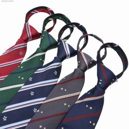 Neck Ties Quality College Uniform Style Pre-tied Zipper Tie 8CM Striped Neckties Red Green Blue Solid Color Narrow Entertainment Party GifL231215