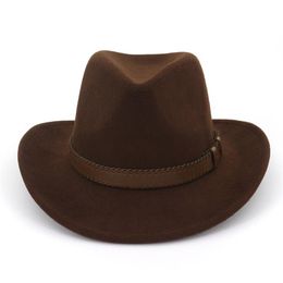 Wide Brim Wool Felt Cowboy Fedora Hats with Dark Brown Leather Band Women Men Classic Party Formal Cap Hat Whole3163