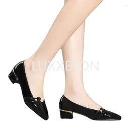 Dress Shoes Women Patent Leather Mid Heel Pumps Fashion Pointed Toe Slip On Office Ladies Zapatos Black