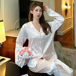 Women's Sleepwear Women 2 Pieces Nightwear Set Luxury Ice Silk Print Pajamas Long Sleeve Soft Pyjamas Female Spring Summer Homewear