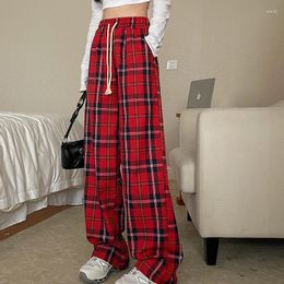 Women's Pants Spring Autumn Sweatpants Women Wide Leg Vintage High Waist Checkerboard Grid Elastic Woman Pant Red Oversized Y2k Trousers