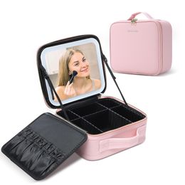 Cosmetic Bags Cases Makeup Train Case with 3 Color Adjustable Brightness LED Mirror Cosmetic Travel Case Adjustable Dividers Toiletry Bag for Lady 231215