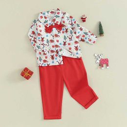 Clothing Sets Baby Kids Boys 2-piece Outfit Long Sleeve Santa Claus Print Bow Tie Shirt with Long Pants Christmas Outfit