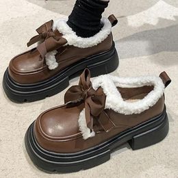 Dress Shoes Trend Loafers Women Fur Bow Lolita 2024 Winter Flats Platform Warm Botas Short Plush Student Uniform Chaussures Femme