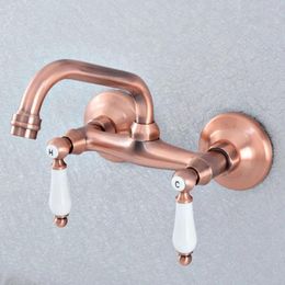Bathroom Sink Faucets Wall Mounted Faucet Antique Red Copper Finish Dual Ceramic Handle Washbasin Mixer Vessel Lsf898