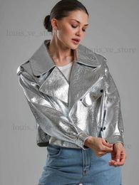 Women's Leather Faux Leather RR2767 Silver Oversized Fake Leather Jackets Women Loose Autumn Winter Coats Women PU Leather Streetwear Motorcycle Jacket T231215