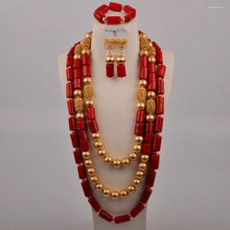 Necklace Earrings Set Nigerian Wedding African Red Coral Beads Jewellery For Bride Bridal