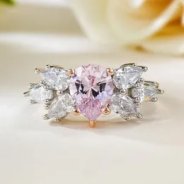 Cluster Rings 2023 Pear Shaped Water Drop 6 8mm Pink Diamond Ring Luxury Flower European And American Female