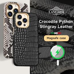 Magnetic Genuine Natural Ostrich Python Crocodile Skin Leather Case For iPhone 15 Pro Max 15 14 13 Mag Safe Metal Ring Cover