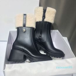 Women Ankle Boot PVC Betty Rain boots waterproof welly boots with zipper Ladies Girls Square head High Boot Winter mohair sock Mar