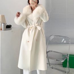 Women's Fur Faux Fur Real Fur Coat Women Winter Jacket Natural Fox Fur Collar Cashmere Wool Blends Long Outerwear Ladies Streetwear Elegant 231214