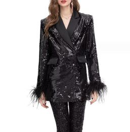 Women Black Sequin Tailored Jacket Women's Mid Length Shiny Party Bling Blazer Top Clothing