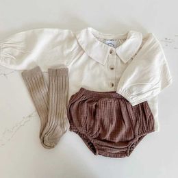 Clothing Sets Spring Baby Clothes Autumn Long Sleeve Blouse Top Organic Cotton Shorts Set Lapel Solid Colour Vintage Bloomer Baby Gift Suit
