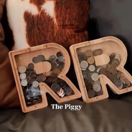 Storage Bottles Jars 26 English Letters Shape Simple Wooden Piggy Bank Cash Register Coin Home Ornaments Souvenir Crafts Kids Gifts Kids Gifts 231214