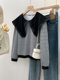 Navy Collar Hoodie For Women In Spring And Autumn 2023, New Popular Fashion And Western-Style Thousand Bird Plaid Jacket, Autumn Long