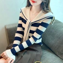 Women's Sweaters Sweet Sailor Collar Button Lace Up Korean Striped Female Clothing 2024 Spring Slim Knitted All-match Tops