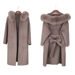 Women's Wool Blends Winter Women Hooded Luxurious Real Fox Fur Coat Long Cashmere Double Faced Wool Jacket Ladies Fashion Streetwear Loose Clothing 231214