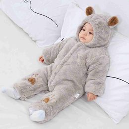 Rompers Newborn Winter Romper Bear Ear Fleece Baby Girl Boys New Born Jumpsuit Overall Footies Infant Toddler Girl ClothesL231114