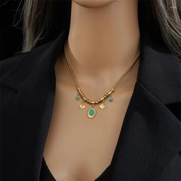 Pendant Necklaces Trendy Gift Vintage Golden Stainless Titanium Steel Chain Oval Shape Green Stone Star Necklace Women Fashion Jewellery
