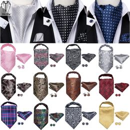 Neck Ties HiTie Silk Mens Ascots Hanky Cufflinks Set Jacquard Paisley Floral Cravat Tie Self Vintage Ascot Black Gray Red Gold Pink Blue 231214