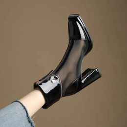 Boots Sexy Black Mesh High Heels Ankle Boot 2023 Autumn Front Zipper Patent Leather Woman Square Toe Thick Heeled Pumps 231214