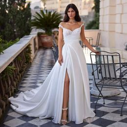 Sheer Neck A Line Wedding Dresses Beaded Sequin Back Bridal Gown with Side Split Pleat Satin vestidos de novia