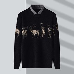 2023 Spring Deer Jacquard Fake Two Piece Sweater Men's Shirt Collar Casual Bottom Leading Knitwear Wholesale