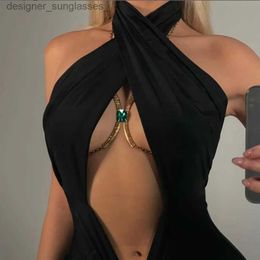 Other Fashion Accessories New Square Gem Crystal Chest Bracket Bras Chain Bo Jewelry For Women Tren Sexy Metal Bo Chain Bikini Rave Festival GiftL231215