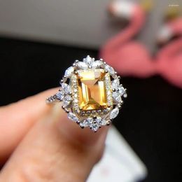 Cluster Rings Natural Citrine Ring Classic 925 Silver Yellow Crystal For Party 6mm 8mm 1.2ct Emerald Cut Sterling Jewelry